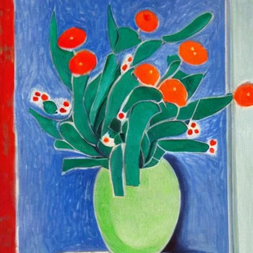 Prompt: A blue vase in front of the window a giant bouquet of spiny Matisse paintings