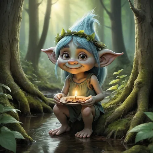 Prompt: Title: **Tilly the Kind-Hearted Troll**

In the mystical land of Whispering Woods, there lived a young and curious troll named Tilly. Unlike other trolls who enjoyed mischief and pranks, Tilly was kind-hearted and gentle. She spent her days exploring the enchanted forest, marveling at its wonders and helping creatures in need.

One sunny morning, as Tilly wandered along the sparkling stream, she heard a faint cry for help. Following the sound, she discovered a tiny fairy named Willow trapped in a spider's web. Without hesitation, Tilly carefully freed Willow and comforted her.

Grateful for Tilly's kindness, Willow offered to grant her a wish. Tilly, with her big heart, wished for the well-being of all creatures in Whispering Woods. From that day on, the forest flourished, and its inhabitants lived in harmony.

Word of Tilly's kindness spread far and wide. Animals from distant lands would visit her, seeking her advice and friendship. Tilly would listen attentively, offering her wisdom and a helping hand whenever needed.

One day, a group of lost travelers stumbled upon Whispering Woods. Exhausted and afraid, they were surprised to find a friendly troll waiting to greet them. Tilly welcomed the travelers with open arms, sharing food and stories around a warm campfire.

The travelers were amazed by Tilly's kindness and promised to spread her tale across the lands. Tilly's reputation as the kindest troll in all the lands grew, and she became a beloved legend, inspiring kindness wherever her story was told.

And so, Tilly the kind-hearted troll continued her adventures, spreading love and compassion throughout Whispering Woods and beyond, teaching everyone that kindness is the greatest magic of all.