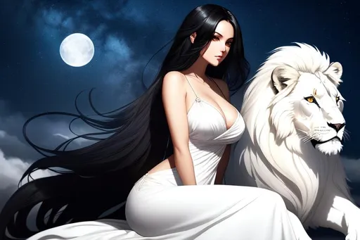 Prompt: portrait of a gorgeous  Evil and  grim-looking  woman  ,black hair ,  lustful  eyes, wearing white slip  ,  sitting on a high hill with a Beautiful  White lion , at night . The wind is blowing her hair and clothes, creating a sense of movement and drama, Pretty girl, perfect anatomy, centered, highly detailed, character sheet, artstation, concept art, smooth, sharp focus, illustration,intricate, elegant, 8K,  unreal engine 