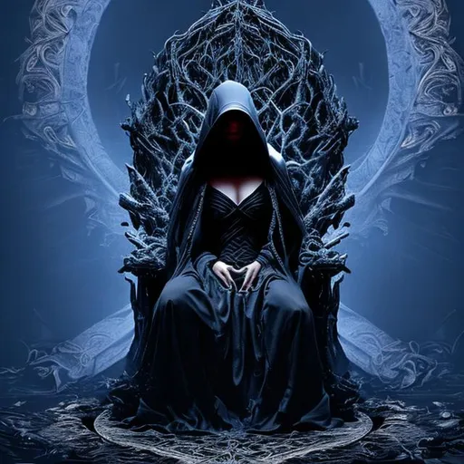 Prompt: Hooded veiled blind female sitting on throne in a dark room blue