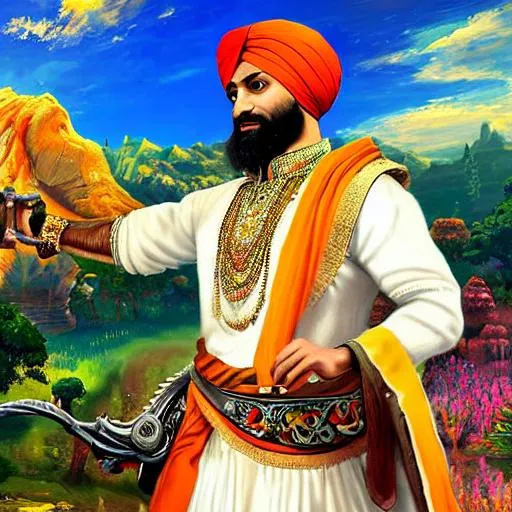 Prompt: A handsome Singh in the distance in the midst of a fantastical and colourful landscape with a detailed kirpan and wearing a detailed orange kurtha. The art should feature a beautiful sky painted in a realistic style and a very wide angle view looking from behind and below. It should be inspired by the breath of the wild and Rembrandt. A digital painting with precise brush strokes and precise brush outline. In the foreground a sweeping landscape of a nature filled valley between hills should be seen. The background should feature a grandiose building inspired by the golden temple and Brighton pavillion. 