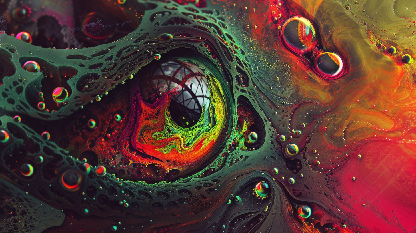 Prompt: all images for the tattoo shop psychedelic art posters on the back, in the style of #screenshotsaturday, spiritual abstractions, john pitre, dark green and crimson, uhd image, weirdcore, psychedelic vibe