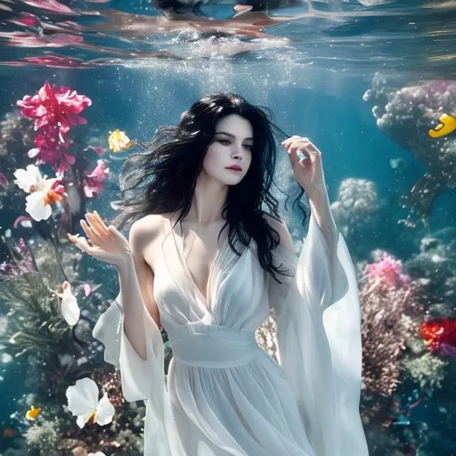 Prompt: T3a woman in a flowing white gown with long black hair plunges under water and flowers full body shot