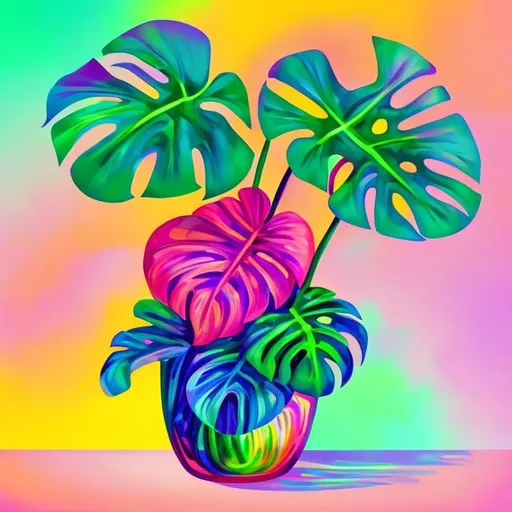 Prompt: Miniature Monstera in a vase in the style of Lisa frank