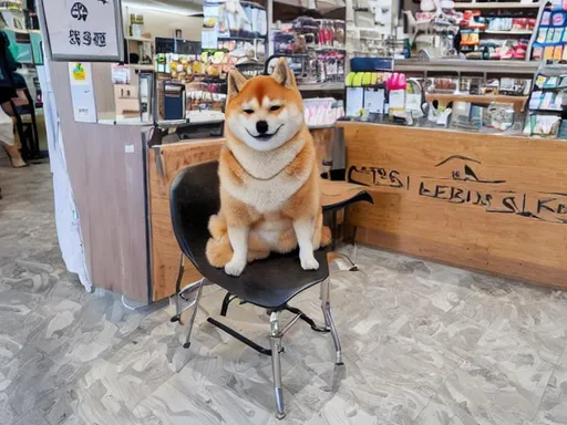 Prompt: Shiba inu store keeper sitting on a chair as a cashier

