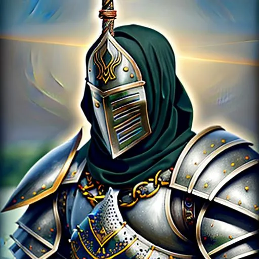 Prompt: Painting, muslim Warrior, Metal chain armour, face revealed, bright face, detailed, color-splash, long sword, outdoor, long shot, 24mm, sun rays from side, 8k, realistic, concept art by Shady Safadi