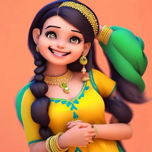Prompt: Punjabi girl, punjabi dress,smiling,animated 