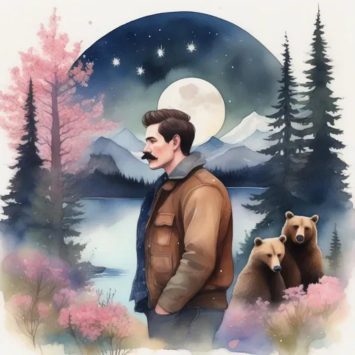 Prompt: A colourful and beautiful profile picture of a handsome brunette man with a mustach surrounded by brown bears, Sitka Spruce trees, cheery blossom flowers and Canadian geese, and framed by mountains, the moon and constilations, done in a watercolour style