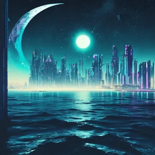 Prompt: Moon, Ocean, Cosmic, Futuristic, Cyberpunk
