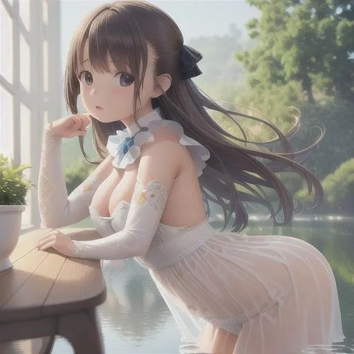 Prompt: best quality,ultra detailed background,detailed furniture, detailed exterior, realistic 3d, BREAK light colors,daylight,focus on girl,depth of field,translucent layers,fluid textures, subtle hues, organic forms, poetic atmosphere, water reflection, rim lighting, BREAK (1 little girl:1.4), solo, extremely massively huge busty, insanely_pointy_nipples, excessively insanely huge, extremely perky, ((Hard_nipples)), looking at viewer, wetness viewer,screen space reflection, Blending with Plants, close-up, unrealistically beautiful little girl  without her clothes on, beautiful little girl without her clothes on,   