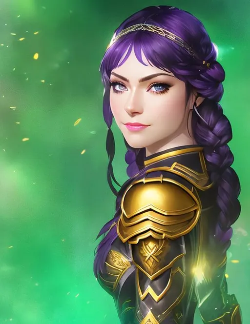 Prompt: she has dark purple hair, black gear, gold armor, create most beautiful fictional female viking warrior, dark purple hair, light blue eyes, subtle smile, dark purple hair, one braid, light blue eyes, cinematic lighting, full body, full armor, extremely detailed environment, detailed background, intricate, detailed skin, professionally color graded, photorealism, 8k, moody lighting