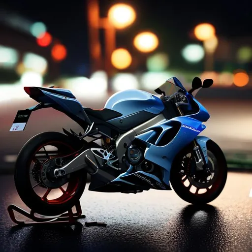 Prompt: photorealistic sportbike rainy night motion blur 


