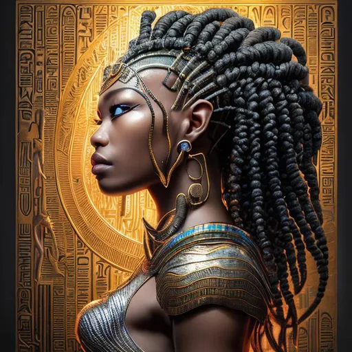 Prompt: "Nea, The Miengu Queen [African Mermaid] with long wavy braided hair, Platinum colored combination fish-scale and Egyptian armor with glowing African hieroglyphics, fantasy, portrait, highly detailed, bodyshot, digital painting, trending on artstation, concept art, sharp focus, illustration, art by artgerm and greg rutkowski and magali villeneuve"