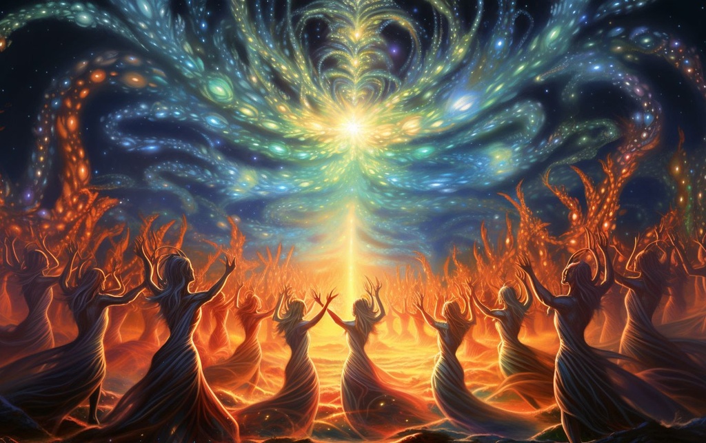 Prompt: etheral entities dancing in the style of psychedelic patterns