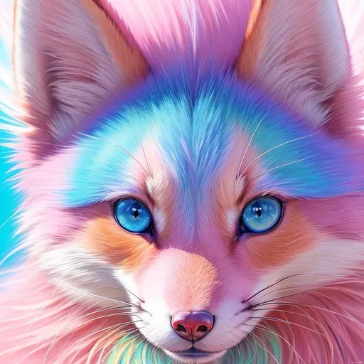 Prompt: pink fox, realistic, epic oil painting, pastel colors, large round blue eyes, hyper detailed eyes, (hyper real), furry, (hyper detailed), photorealism, extremely beautiful, (on back), sprawled, paws in the air, playful, UHD, studio lighting, best quality, professional, extremely beautiful, glistening pink fur, highly saturated colors, thick oil texture, masterpiece, ray tracing, 8k eyes, 8k, highly detailed, highly detailed fur, hyper realistic thick fur, (high quality fur), fluffy, fuzzy, cute fangs, open mouth,  full body shot, rear view, hyper detailed eyes, perfect composition, realistic fur, fox nose, highly detailed mouth, realism, ray tracing, soft lighting, studio lighting, masterpiece, trending, instagram, artstation, deviantart, best art, best photograph, unreal engine, high octane, cute, adorable smile, lazy, peaceful, (highly detailed background), vivid, vibrant, intricate facial detail, incredibly sharp detailed eyes, incredibly realistic fur, concept art, anne stokes, yuino chiri, character reveal, extremely detailed fur, sapphire sky, complementary colors, golden ratio, rich shading, vivid colors, high saturation colors, nintendo, pokemon, silver light beams