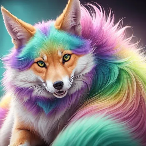 Prompt: {pink, purple, yellow, and mint green fox kit}, realistic, epic oil painting, pastel colors, (canine quadruped:1), large round purple eyes, hyper detailed eyes, (hyper real), furry, (hyper detailed), photorealism, extremely beautiful, playful, UHD, studio lighting, best quality, professional, extremely beautiful, glistening fur, fur glows like auroras, highly saturated colors, neon colors, masterpiece, ray tracing, cosmos, nebula background, 8k eyes, 8k, highly detailed, highly detailed fur, hyper realistic thick fur, (high quality fur), fluffy, fuzzy, full body shot, anime background, rear view, hyper detailed eyes, perfect composition, realistic fur, fox nose, highly detailed mouth, realism, ray tracing, soft lighting, complex background, highly detailed background, studio lighting, masterpiece, trending, instagram, artstation, deviantart, best art, best photograph, unreal engine, high octane, cute, adorable smile, lazy, peaceful, (highly detailed background), vivid, vibrant, intricate facial detail, incredibly sharp detailed eyes, incredibly realistic fur, concept art, anne stokes, yuino chiri, character reveal, extremely detailed fur, sapphire sky, complementary colors, golden ratio, rich shading, vivid colors, high saturation colors, silver light beams