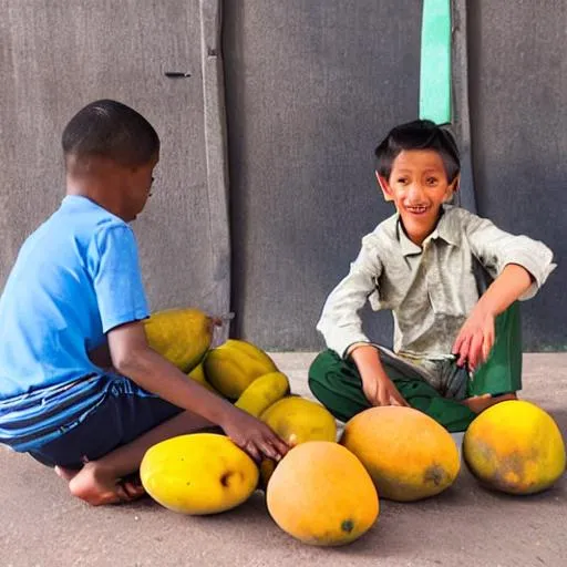 Prompt: Title: "Sibling Tango: Mango Mediation"

Description: Capture the heartwarming and playful interaction between two brothers in the midst of a bustling market. One brother, seated comfortably with a handful of ripe mangoes, extends his generous offer to share with his younger sibling. However, a charming twist unfolds as the younger brother adamantly refuses to accept the mangoes, leading to a captivating dance of emotions and sibling dynamics. Immortalize this delightful scene that portrays the innocence, stubbornness, and love between siblings in the vibrant backdrop of a busy street market.

Keywords: street photography, busy market, child, siblings, mangoes, sharing, refusal, innocence, love, dynamics