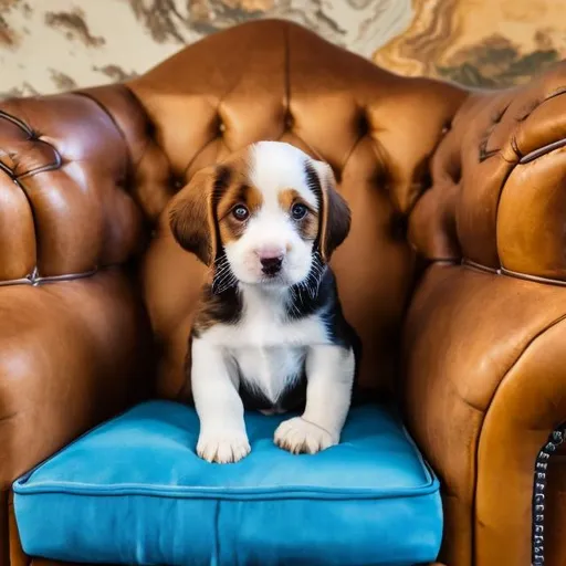 Prompt: 1 happy smiling white and brown puppy sits in the golden chesterfield armchair. 3 Golden pictures about mountains and river streams are on the blue wall. 