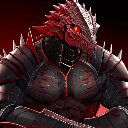 Prompt: Argonian, Male, red eyes, black scale's, Heavy armor, strong, arms crossed, scarred eye, 