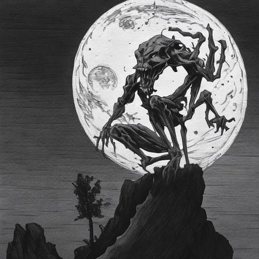 Prompt:  a black and white picture of a slim humanoid creature screaming at the moon at night from far away perched on a cliff