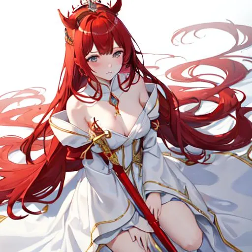 Prompt: Haley as a horse girl with bright red side-swept hair, crying, wearing a white and gold blood stained gown , wearing a crown, holding a dagger. 