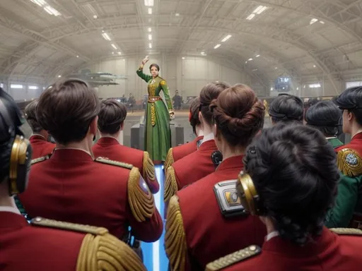 Prompt: Historical photograph of a red Republic uniformed officers seen from behind. Star wars Republic military hanger.  Noblewoma in green and gold dress giving a speech. by Greg Rutkowski, Artgerm, WLOP, Alphonse Mucha dynamic lighting hyperdetailed intricately detailed Splash art trending on Artstation triadic colors Unreal Engine 5 volumetric lighting. Incredibly detailed clothing illustration by Raf Grassetti Arturo Michelena, Elizabeth Thompson, and Ernest Meissonier, and Ralph McQuarrie 