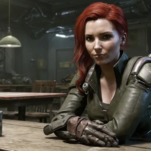 Prompt: Woman with redhair on table in fallout universe