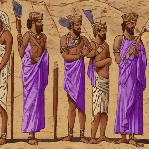 Prompt: Phoenician tribes wearing distinctive purple, pre-Christian style, beach background