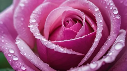 Prompt: Photorealistic close-up of a dewdrop on a vibrant purple rose petal, macro photography, soft morning light