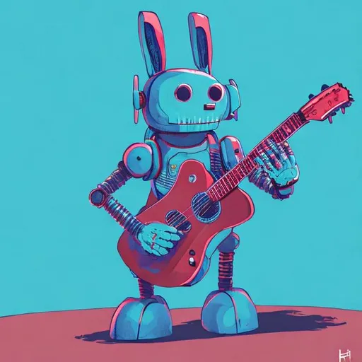 Prompt: a big fuzzy blue robotic bunny with a  red guitar standing on two legs lo-fi style



