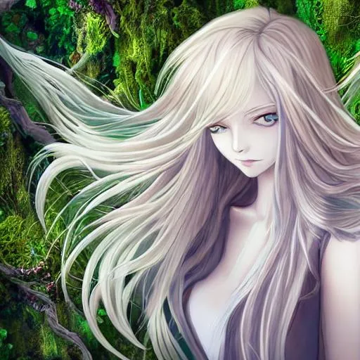 Prompt:  Insanely detailed elaborate beautiful hyper detailed greek god anime female pale hair flowing from head with moss and flowers growing on sides 8k resolution ambient god rays from sides