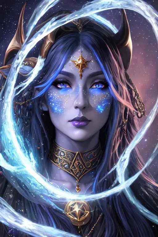 Prompt: oil painting, UHD, 8K, Very Detailed, A beautiful D&D Circle of Stars Druid, full body character portrait, dark fantasy, detailed, realistic face, digital portrait, fiverr dnd character, beautiful Tiefling woman of 27 years old, blue skin, bright tattoos of stars on her face and hands, one black eye, Wearing a Witch's robe, Leather armor, and Witch's Hat with the underside of the Hat having a star pattern on it. 