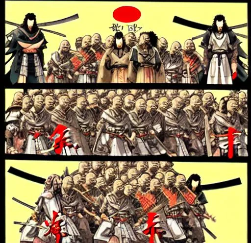 Prompt: Anime war scene graphic High detail Samurai warrior crusaders with Jesus Christ as depicted in the book of  revaltion coming out of heaven one side is the gathering of The chosen to ride victory against the enemy Satan and his fallen cyberpunk ninjas on the opposite side 