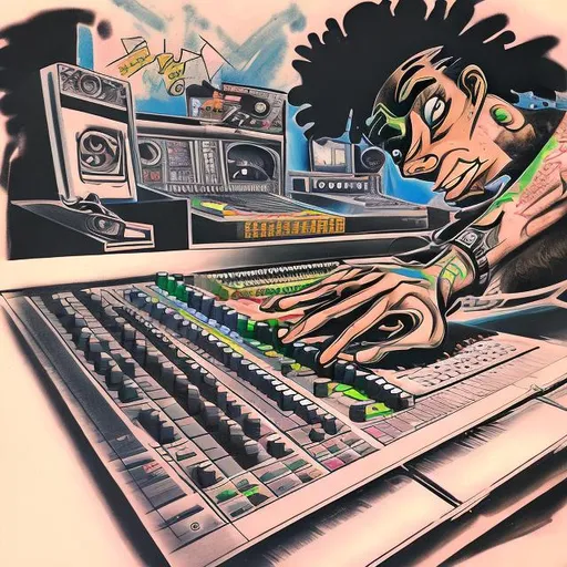 Prompt: a distorted colored retro cartoon sketch drawing of a black mans Tattooed Hand Moving Up A Fader On A Mixing Console.