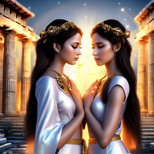 Prompt: HD 4k 3D 8k professional modeling photo hyper realistic beautiful twin maiden women ethereal greek goddesses of prayer
short brown hair brown eyes gorgeous face black skin shiny robes jewelry headbands full body surrounded by magic glorious glow hd landscape background two twin women praying in Zeus temple