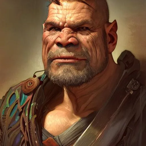 Prompt: Three-quarters portrait of a male orc shopkeep, grizzled but friendly, digital painting, art by Stanley Lau and Artgerm and magali villeneuve and Alphonse Mucha, artstation, octane render, cgsociety
