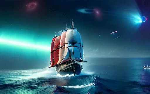 Prompt: Panoramic,Solar storm thrashes British Galleon sailing through space dust in galaxy dust,stars,concept,illustration,UHD,Realistic,billion stars
