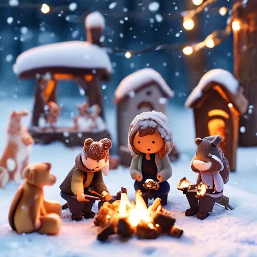 Prompt: tiny friends and a dog making smores at tiny wooden campfire string lights at night in the snow
