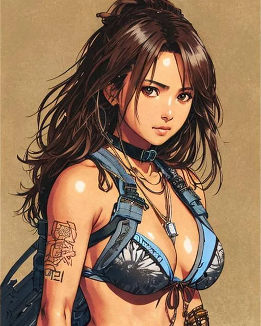 Prompt: (((Yoji Shinkawa))), sticker of ultra detailed portrait of Naomi Scott in tribal cueitl kneeling,  chained to a post in the middle of tribal village, high quality cell shaded illustration in post apocalyptic style by Yoji Shinkawa,(((dynamic pose))), ((full body)),  perfect anatomy, centered, freedom, soul, brown long hair, approach to perfection, cell shading, 4k , cinematic dramatic atmosphere, watercolor painting, global illumination, detailed and intricate environment, artstation, concept art, fluid and sharp focus, volumetric lighting, cinematic lighting, Art by Yoji Shinkawa and by Ilya Kuvshinov 
