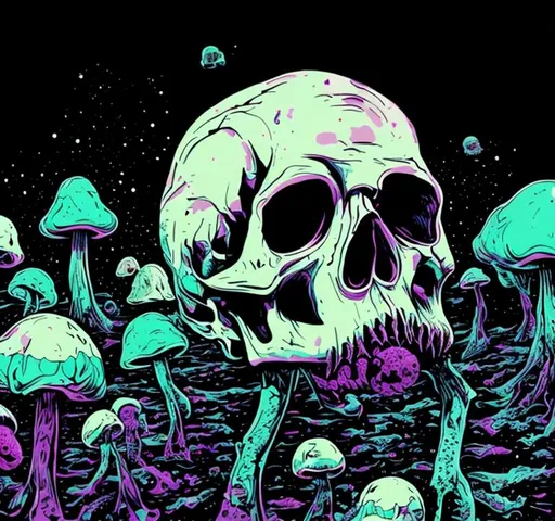 Prompt: dead astronauts skull horror many colours background floating in space mushrooms