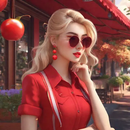 Prompt: 3d anime woman blonde hair, red outfit, vintage americana, aesthetic, cherry earrings, sunglasses, 18 years old, and beautiful pretty art 4k full raw HD