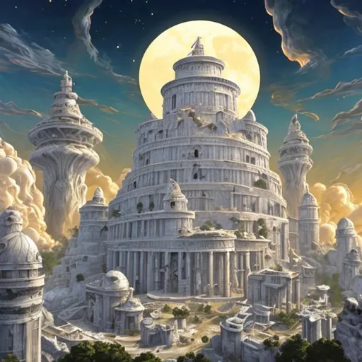 Prompt: Imperial Tower of wizards, bone white, sculpted, astral sun and moon environment, in the style of roman fresco
