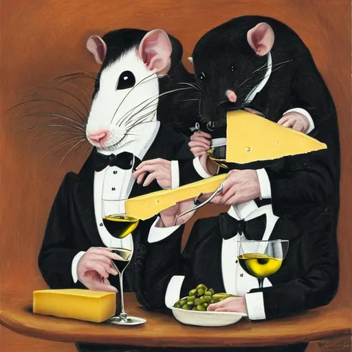 Prompt: large rat in a tuxedo sipping cheese wine