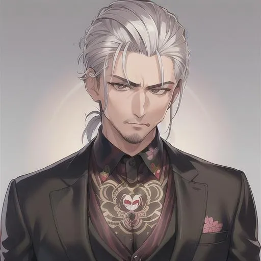 Prompt: (masterpiece, illustration, best quality:1.2), 1man, yakuza tattoo, heavily detailed eyes, yakuza style, pixie hairstyle, grey hair, brown eyes, wearing black unbuttoned suit, best quality face, best quality, best quality skin, best quality eyes, best quality lips, ultra-detailed eyes, ultra-detailed hair, ultra-detailed, illustration, colorful, soft glow, 1 man