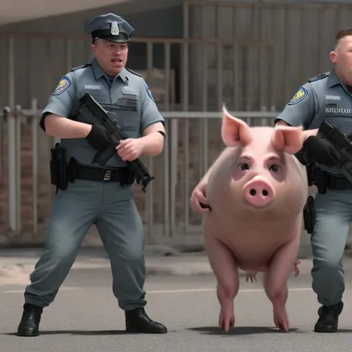 Prompt: Two terrified bipedal pig-police officers in uniform are backed up against a building wall by a large crowd of furious fed up citizens ready to attack them Photo realistic.