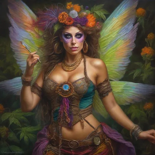 Prompt: Dynamic, hyper real painting.  Full shot of a very beautiful, buxom woman with extremely, colorful, bright eyes, and {{{{Anatomically real hands}}}}, who's a Steampunk, belly dancing, cannabis, winged fairy, witch who wears a colorful, skimpy, gossamer, flowing outfit. {Its Halloween and its a Dynamic photo night}. Sony a7 IV. Octane render