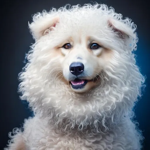 Prompt: a cute realistic curly dog, white furr,  happy,beautiful portrait, studio , lightining,highly detailed, high resolution, ue5, blue degraded background,hd, hdr, ue 5, ue 6,