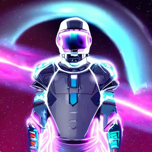 Prompt: A portrait of a man, space white armor, turquoise eyes, galaxy, cyborg hand, highly detailed, pink lightning bolts