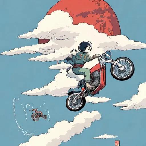 Prompt: hayao miyazaki inspired illustration of evel knievel about to do a jump alone in the clouds with a helmet