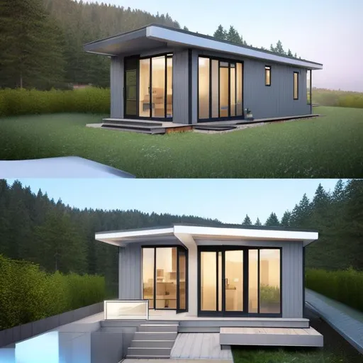 Prompt: Modular, modern,  tiny house with flat roof and big windows, tiny home,, high quality, minimalist design,natural lighting, panoramic windows, indoor-outdoor flow, sleek, sophisticated, neutral tones, luxurious, seamless transition, outdoor entertaining space, clean lines, architectural details, natural light, cozy atmosphere, 3d printed home from polymers, 3d print, 